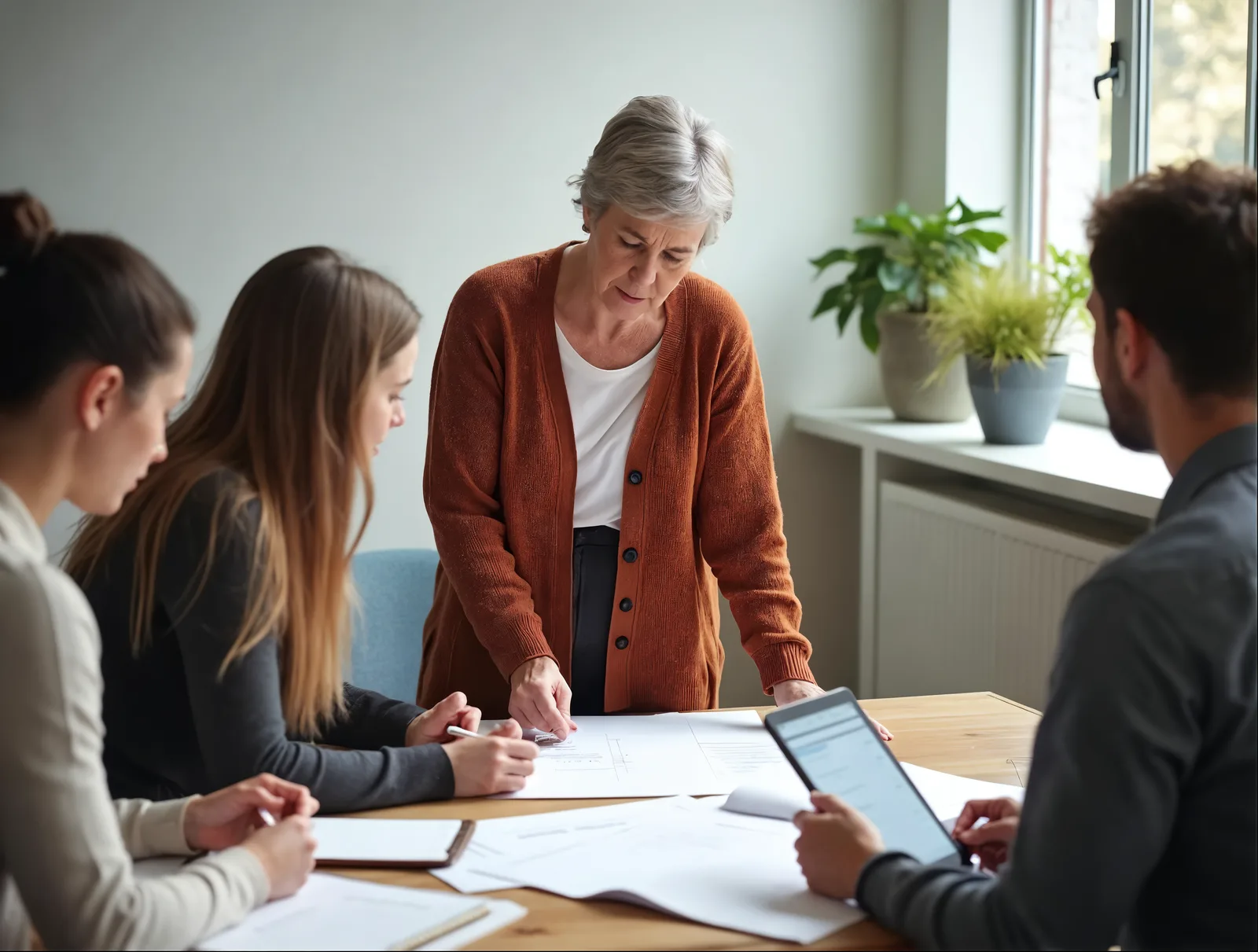 Een ervaren collega legt aan drie jongere collega's uit hoe zij het aanpakt, met de afgedrukte stukken op tafel tussen hen in.