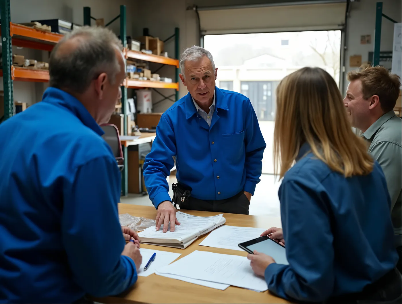 Een ervaren medewerker legt aan drie collega's uit hoe hij werkt, met de papieren op tafel tussen hen in.