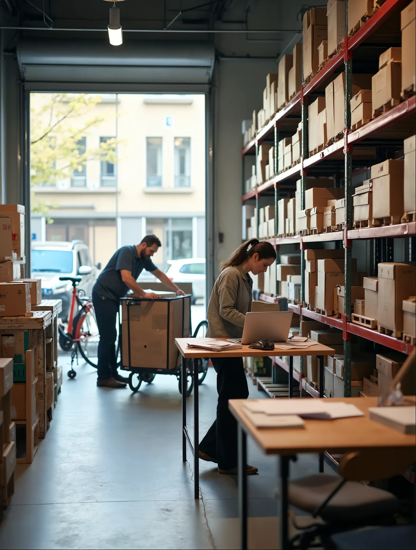 Medewerkster met laptop en papierwerk aan een werktafel midden in het magazijn van een elektronicaverdeler, terwijl een koerier achteraan pakketten in een bakfiets laadt.