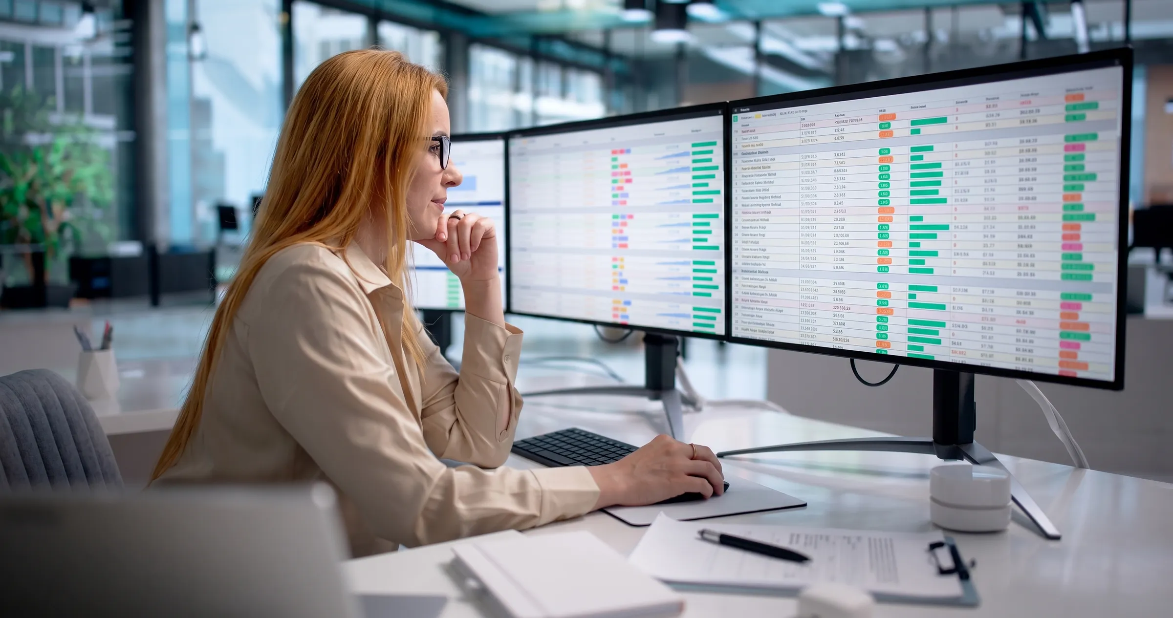 Een medewerker analyseert de bedrijfscijfers op twee schermen aan een bureau
