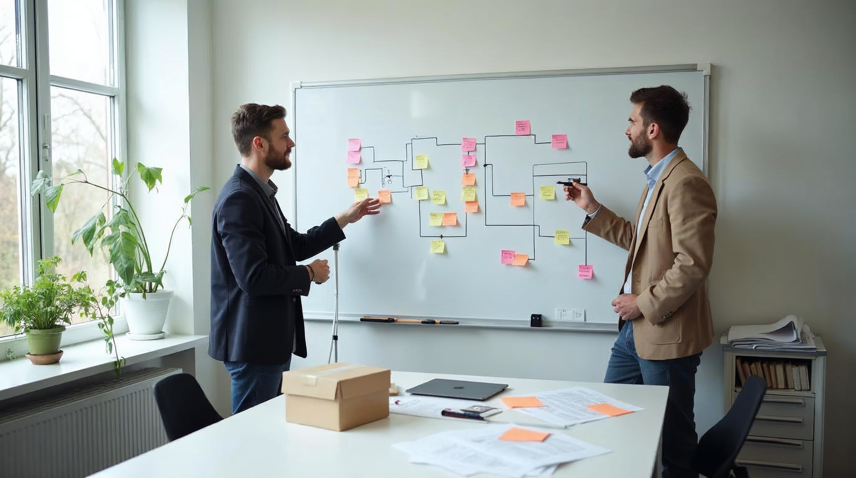 Twee mannen tekenen aan een whiteboard een proces uit in blokken, lijnen en gele en roze notitiebriefjes