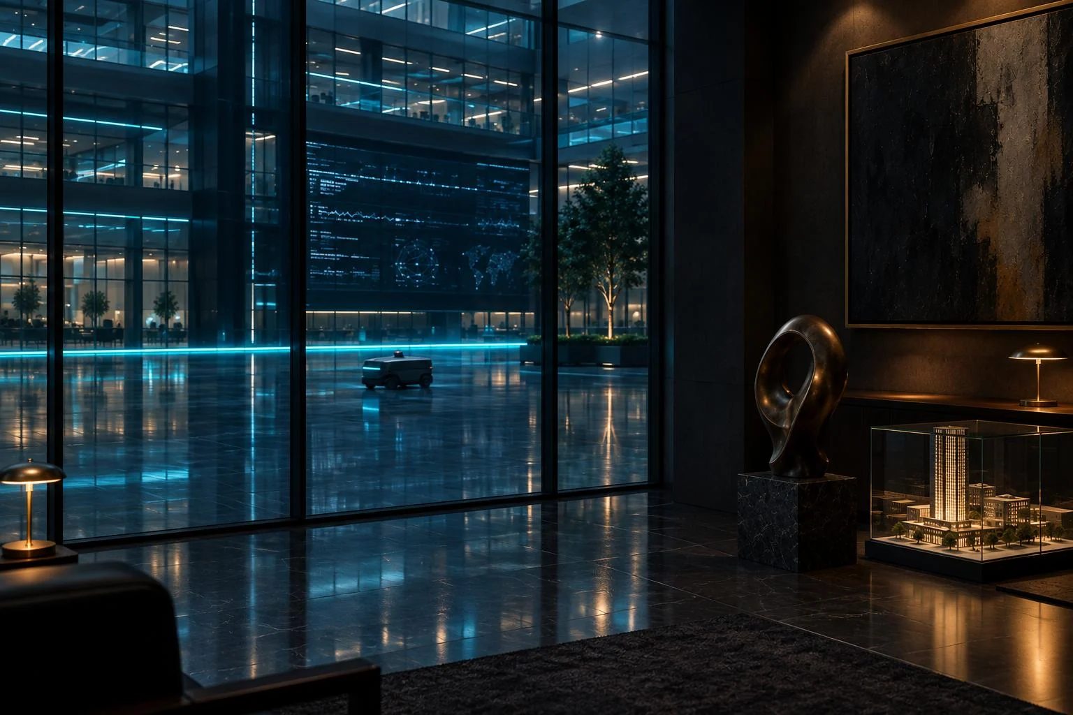 Een donker kantoor met een bronzen sculptuur, een schilderij en een architectuurmaquette onder glas, achter de glaswand een atrium met een cyaan lichtlijn, een datawand en een kleine robot