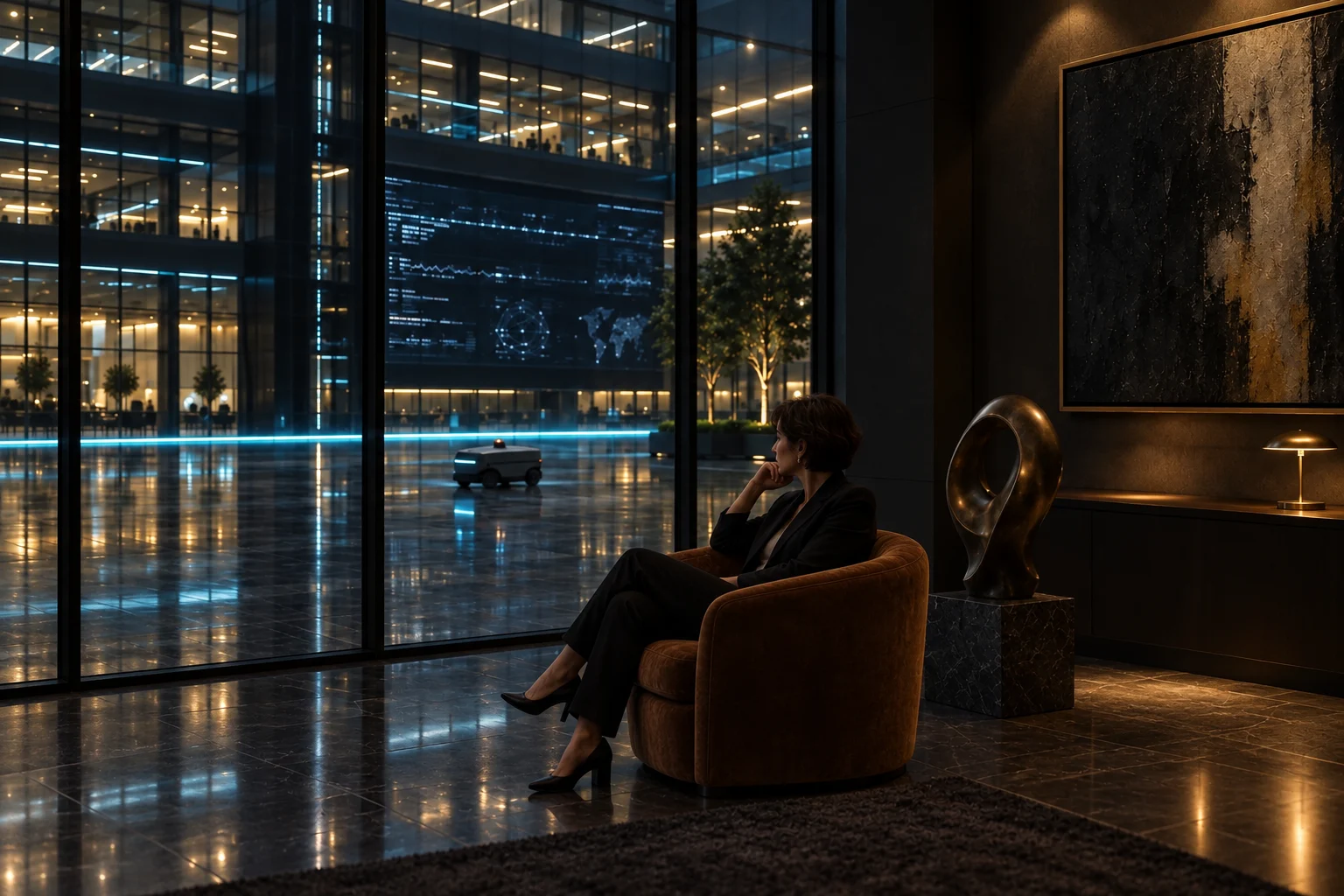 Een zaakvoerder zit 's avonds in een cognackleurige fauteuil en kijkt door de glaswand uit over een verlicht atrium, naast een bronzen beeld en een abstract schilderij