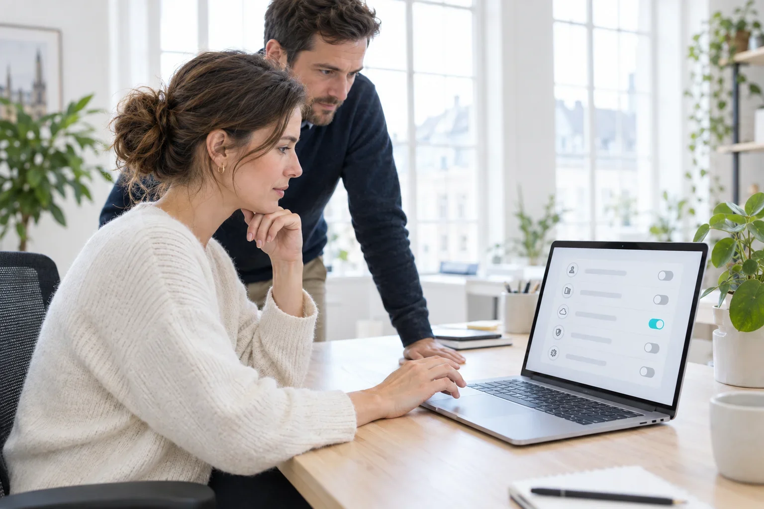 Een officemanager pauzeert met de hand aan haar kin voor ze een AI-koppeling aanzet op haar laptop, terwijl een collega meekijkt naar het scherm met toegangsrechten
