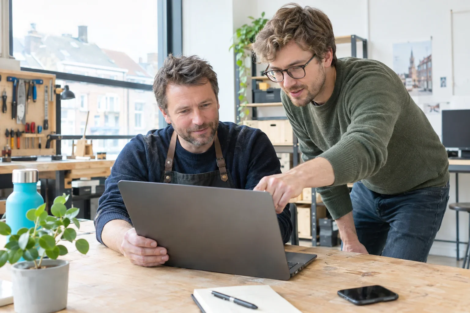 Zaakvoerder met werkschort bekijkt samen met een ontwikkelaar een tool op de laptop, in een atelier vol gereedschap